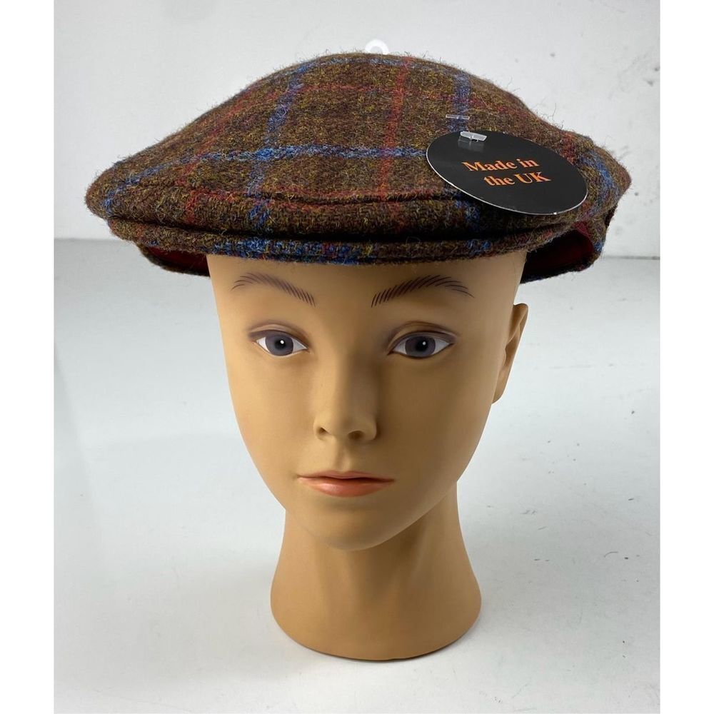 Glen Appin Harris Tweed Wool Country Flat Cap Made In UK XL Brown Blue Red.